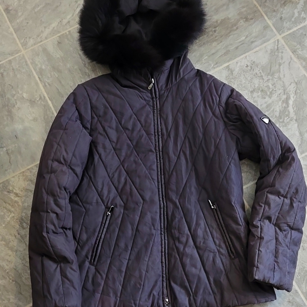 1 Madison Women's Black Quilted Coat Jacket Fox Fur Hood Large